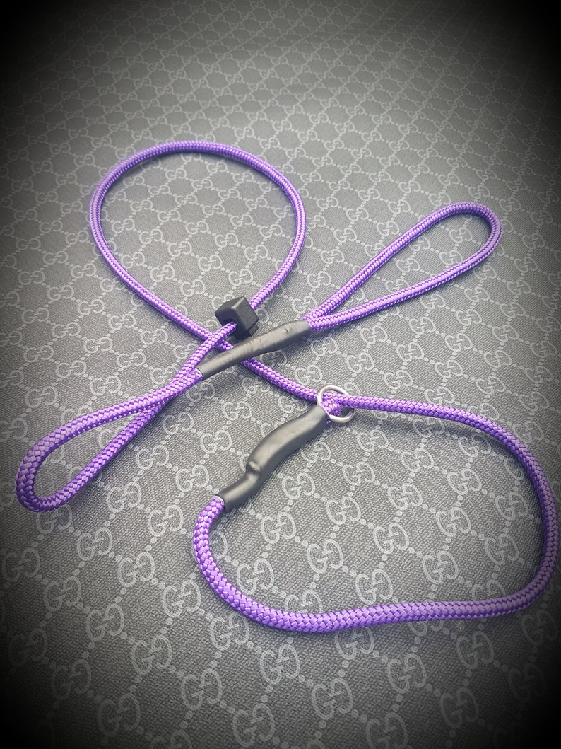 May include: Purple rope dog leash with a black handle and a metal ring.