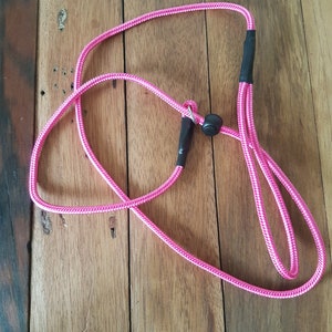 May include: A pink dog leash with a black clip and a black handle.