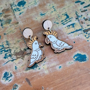 Cookatoo Dangle Earrings, Wooden Bird earrings,