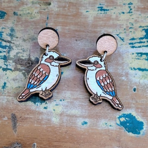Kookaburra Bird Dangle Earrings, Wooden handprinted earrings.