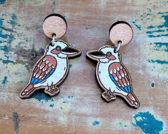 Kookaburra Vogel Baumeln Ohrringe, Holz handbedruckt Ohrringe.