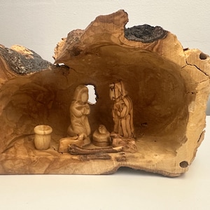Olive Wood Nativity Scene in Natural Cave | Handmade Bethlehem Christmas Crèche from the Holy Land