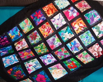 Tropical Fabric Squares Quilt Top, Black Borders, Unfinished Quilt top, 46" X 62"