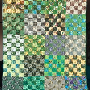 Green Scrap Quilt, Kaffe Fassett Pattern, Checkerboard, Machine Quilted, 50&quot; X 62&quot;