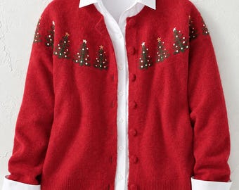 Christmas Tree Embroidered Cardigan, Festive Holiday Knit Sweater, Cozy Winter Button Up