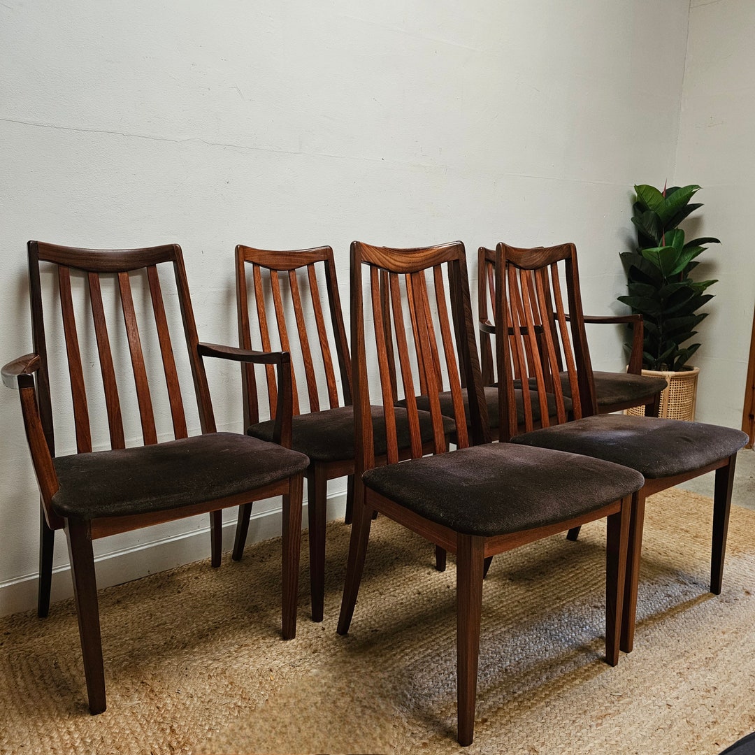 G Plan Dining Chairs Set of 6 Mid Century Vintage Teak Velour Brown