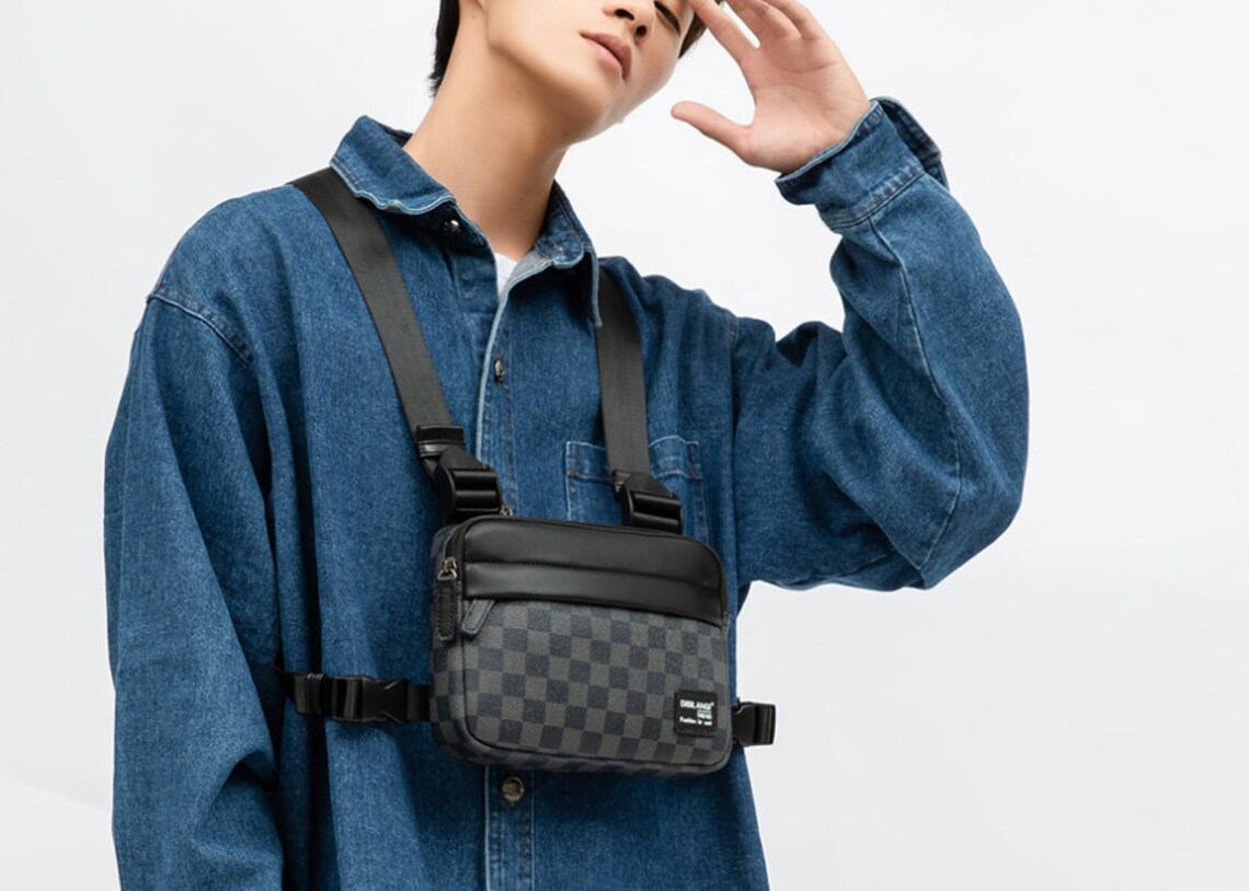 Chest Bag Men Streetwear Plaid Leather Shoulder Bags Casual Etsy