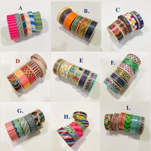 May include: A collection of decorative washi tapes in various colors and patterns. The tapes include stripes, polka dots, zigzags, and geometric designs. Each roll is approximately 0.6 inches wide. The tapes are arranged in stacks, showcasing the variety of designs.