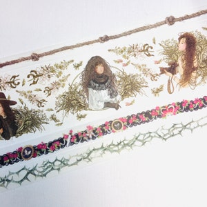 4 rolls of washi tape masking tape :  dreamy girl witchy moment, thorns, ropes, dark gothic flower garden, butterfly, vintage illustration