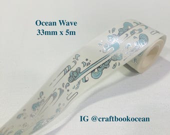 1 roll of designer washi tape masking tape: ocean wave silver foiled wave ocean wave big surf sea wave abstract japanese style wave