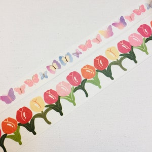 2 rollos de cinta adhesiva washi tape de diseño: Tulipanes y mariposas, jardín de flores de primavera, baile de mariposas, flor de primavera, motivo floral