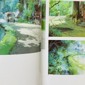 May include: Watercolor illustration of a rural scene with a road, a bus, and a small stream. The artwork features lush greenery, trees, and a building. The style is reminiscent of a classic animated film.