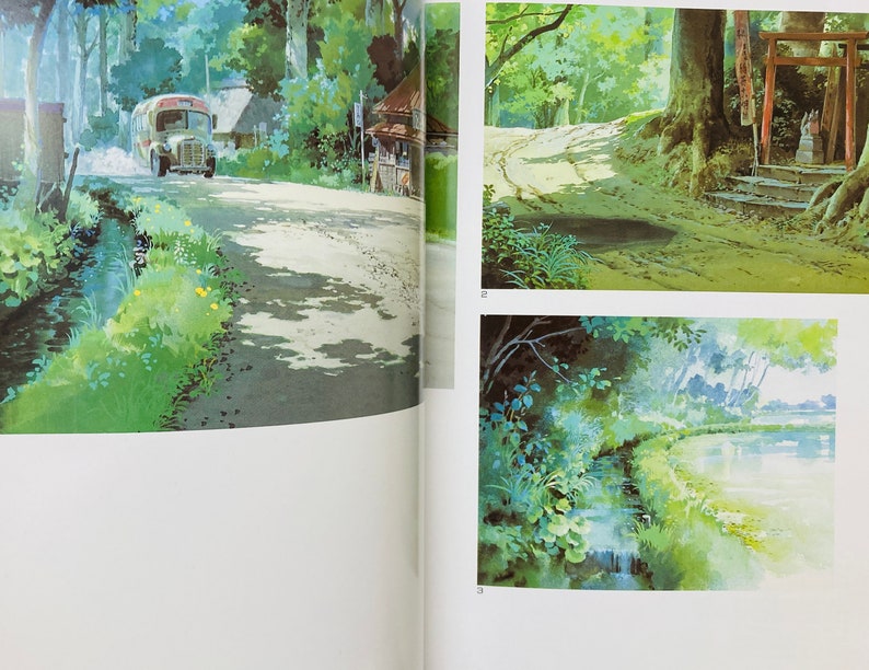 May include: Watercolor illustration of a rural scene with a road, a bus, and a small stream. The artwork features lush greenery, trees, and a building. The style is reminiscent of a classic animated film.