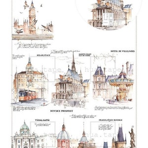 1 rol designer washi-tape afplaktape: mijlpaal van de Europese beroemde stad, Parijs, Wenen, Milaan, Praag, architectuur-cityscape