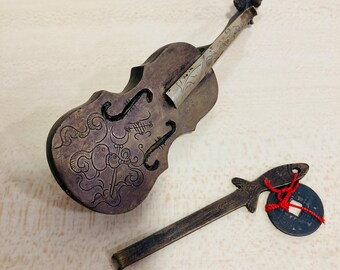 Cerraduras decorativas vintage de bronce con forma de violín, piezas difíciles de encontrar, para cajones o armarios.