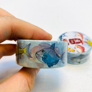 Taśma washi z słoną rybą, ryba w puszce, taśma maskująca, słona ryba, wydruk artystyczny, ilustracja ryby, sztuka jedzenia, smaczna ryba, papierowa taśma artystyczna