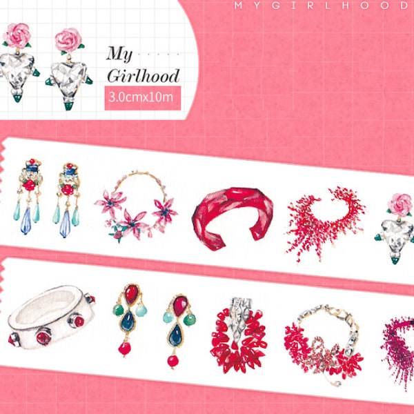 1 rouleau de masking tape en washi de marque : mon enfance, bijoux fantaisie, boucles d'oreilles, boucles d'oreilles roses et diamants, collier, rubis, bracelet