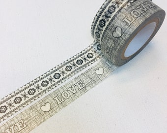 2 rollen designer washi-tape voor het maken van tape: harten, vintage bloemmotieven, liefde, zwart-wit ontwerp