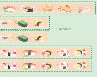 1 rol designer washi tape afplaktape: Japanse keuken, sushi, sashimi, vis, rauwe vis, rijst, lekker eten, smakelijke zeevruchten