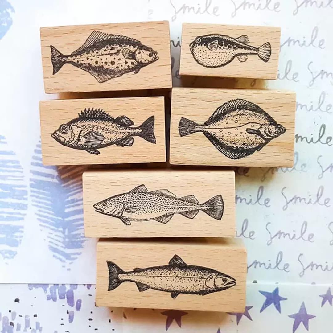 Printmakingart Flounder Pufferfish Cod Halibut Grouper Yummy Fish Rubber Stamp Tasty ...