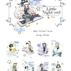 Little Night Owl washi-tape De hele nacht wakker afplaktape leesboek schattig meisje papieren kunsttape verhalen vertellen slapeloze maan tape 1 rol