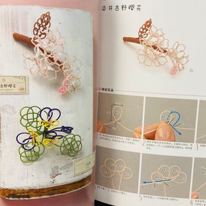 May include: A book with instructions on how to make a flower out of string. The book is open to a page showing a diagram of the steps involved in making the flower. The flower is made of green, yellow, and purple string. The book is titled "String Art Flowers".