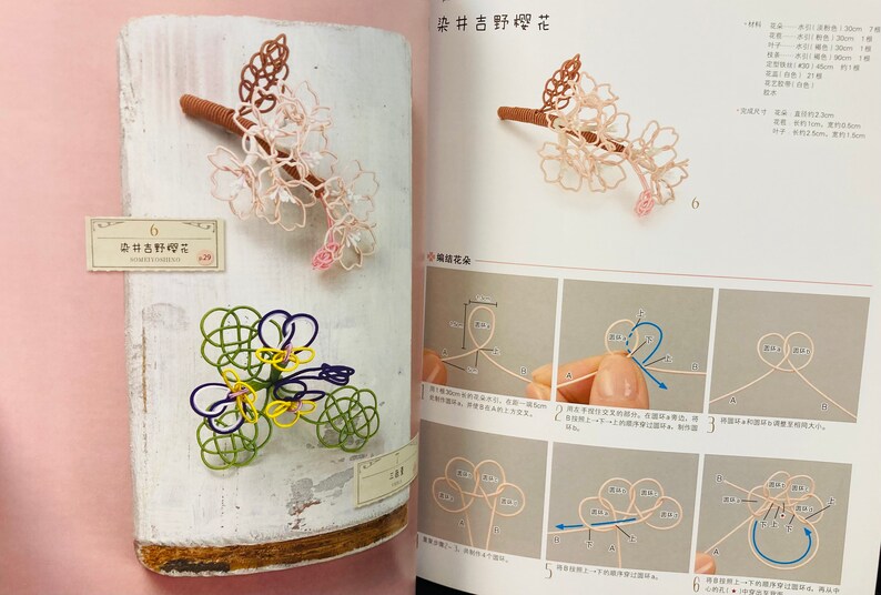 May include: A book with instructions on how to make a flower out of string. The book is open to a page showing a diagram of the steps involved in making the flower. The flower is made of green, yellow, and purple string. The book is titled "String Art Flowers".