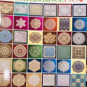 Op de afbeelding: Een instructieboek met zachte kaft getiteld Crochet Lace Doily met 80 verschillende witte en gekleurde kanten kleedjespatronen in een rasterindeling. De omslag bevat Chinese tekst, het getal 80 en diverse haakontwerpen.