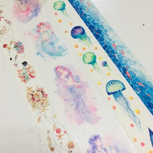 4 rollos de cinta adhesiva washi de diseño: hermosa vida marina, sirena y medusas, mundo marino, playa y conchas, peces nadando, sueño