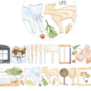May include: Watercolour illustration of woodworking tools, wooden animal figures, and botanical elements. The design includes a window, a box of logs, chisels, a mallet, a plane, and a framed botanical print. The word "LIFE" is in a circle at the top.
