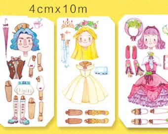 1 rollo de cinta adhesiva washi tape de diseño: títeres, títere, muñeca de papel, títere de papel articulado, marioneta, muñeca, niña, niño, traje