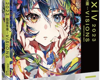 May include: A book cover featuring a colorful illustration of a woman with blue and green hair, wearing a floral patterned dress. The book title is "pixiv 2023 Illustration Annual: VISIONS" and the text "不断进化的插画" is also visible on the cover.
