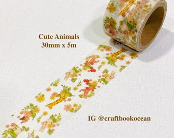 Cute animals Giraffe Dogs cat Rabbit greenery washi tape masking tape illustration art paper tape