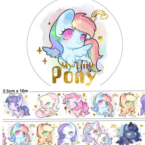 1 rol designer washitape-afplaktape: My little Pony, goudfolie washi-tape, pony, schattige paarden, mooi paard, kleurrijk haar