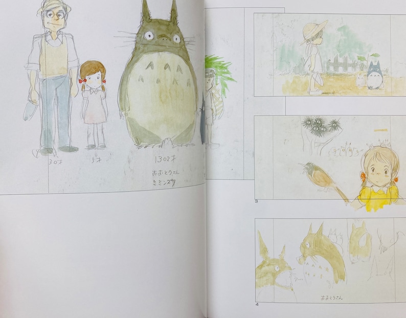 May include: Watercolor illustrations from a Japanese animated film. The image features sketches of characters, including a large, furry creature, a young girl, and a man. Additional panels show scenes with a bird and other characters.