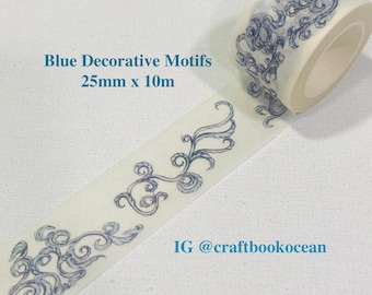 Nastro washi di design con motivi decorativi a vite blu, bordi blu, nastro adesivo di mascheratura