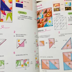Pode incluir: Um guia passo a passo sobre como costurar um bloco de colcha de patchwork com um design de p&aacute;ssaro. As instru&ccedil;&otilde;es est&atilde;o escritas em japon&ecirc;s e incluem diagrammes que mostram as diferentes etapas. O bloco de colcha &eacute; feito de diferentes tecidos coloridos, incluindo rosa, azul, amarelo e verde.