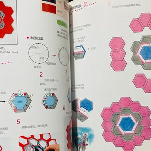 Pode incluir: Uma p&aacute;gina de um livro de costura mostrando instru&ccedil;&otilde;es sobre como costurar um bloco de colcha em forma de hex&aacute;gono. As instru&ccedil;&otilde;es est&atilde;o escritas em japon&ecirc;s e incluem diagramas e ilustra&ccedil;&otilde;es. O bloco de colcha &eacute; composto por seis pe&ccedil;as menores em forma de hex&aacute;gono, cada uma com uma cor e um padr&atilde;o diferente.