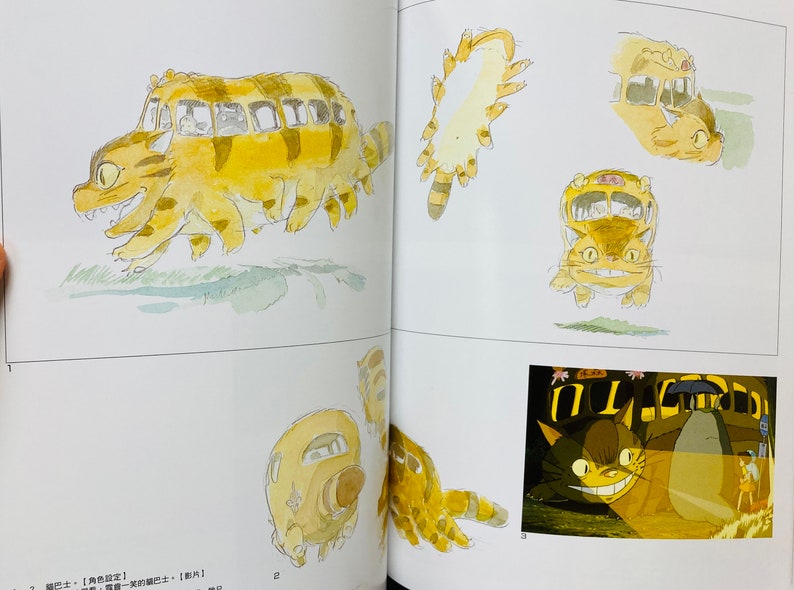 May include: Watercolor illustrations of the Catbus from My Neighbor Totoro. The Catbus is depicted in various poses, including a side view, front view, and a view from underneath. The bus is yellow with brown stripes and has a large, toothy grin.