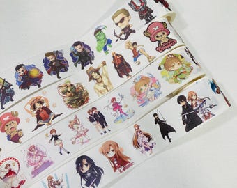 May include: A roll of white adhesive tape featuring a repeating pattern of colourful chibi-style anime and comic book characters, including figures like Chopper, Ant-Man, and various sword-wielding warriors, printed in a vibrant, multi-coloured graphic design.