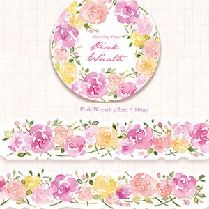 Fita adesiva decorativa com estampa floral rosa, fita adesiva com estampa floral Hayama, fita adesiva com aquarela floral elegante para planejador x 1 rolo