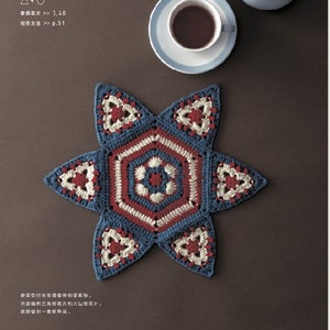 Puede incluir: Un posavasos de ganchillo en forma de estrella azul y rojo con un centro hexagonal. El posavasos est&aacute; sobre una superficie marr&oacute;n con una taza de t&eacute; y una tetera en el fondo.
