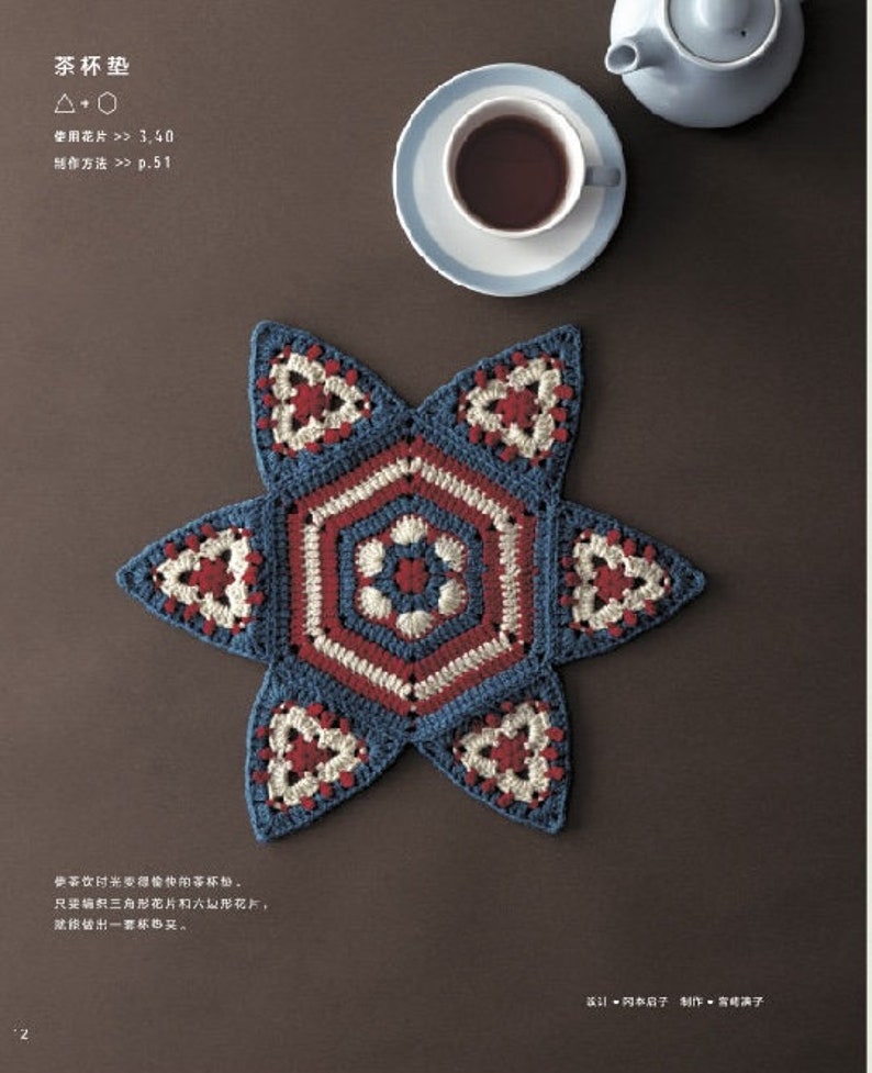 Puede incluir: Un posavasos de ganchillo en forma de estrella azul y rojo con un centro hexagonal. El posavasos est&aacute; sobre una superficie marr&oacute;n con una taza de t&eacute; y una tetera en el fondo.