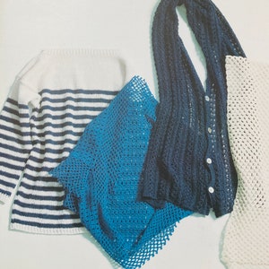 May include: A book cover featuring a white, blue, and black striped sweater, a blue crocheted shawl, a black crocheted cardigan, and a white crocheted shawl. The book title is "Wind Workshop Basic Spring and Summer Hand Knitting".