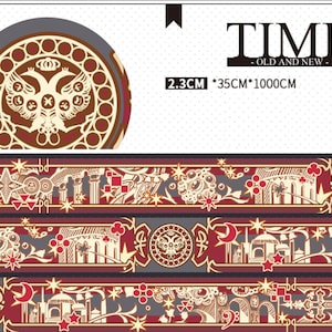 1 rol designer washi-tape afplaktape: tijd oud Byzantijns, kunstmotief, hagia sophia, muzieknoot, klassieke architectuur, halve maan