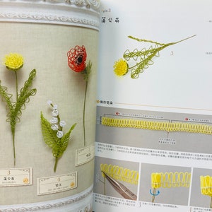 May include: A book with instructions on how to make flowers out of thread. The book shows a close-up of a yellow flower made of thread. The book also shows a close-up of a red flower made of thread. The book is open to a page with the title "Thread Flowers".