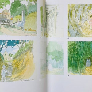 May include: Watercolor illustrations from a book featuring scenes of nature and characters. The images depict a truck on a road, a girl in a forest, and the characters Totoro and a smaller creature in a bamboo forest.