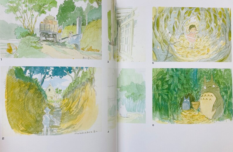 May include: Watercolor illustrations from a book featuring scenes of nature and characters. The images depict a truck on a road, a girl in a forest, and the characters Totoro and a smaller creature in a bamboo forest.