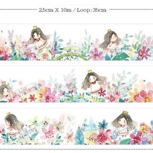 1 rol designer washi-tape afplaktape: kleine elf, fee, bloemenfee, schattig meisje, bloemenveld, lente, lentetuin
