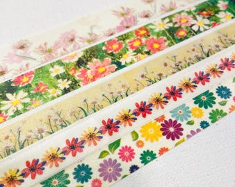 Nastro washi con fiori di campo di margherite selvatiche, nastro adesivo di carta artistica con fiori di giardino di margherite / fiori bianchi per planner, scrapbooking e diario